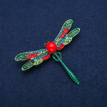 Butterfly Brooch Pendant with multicolored crystals, imitation coral bead, and green enamel, gold-toned metal 48x58 mm