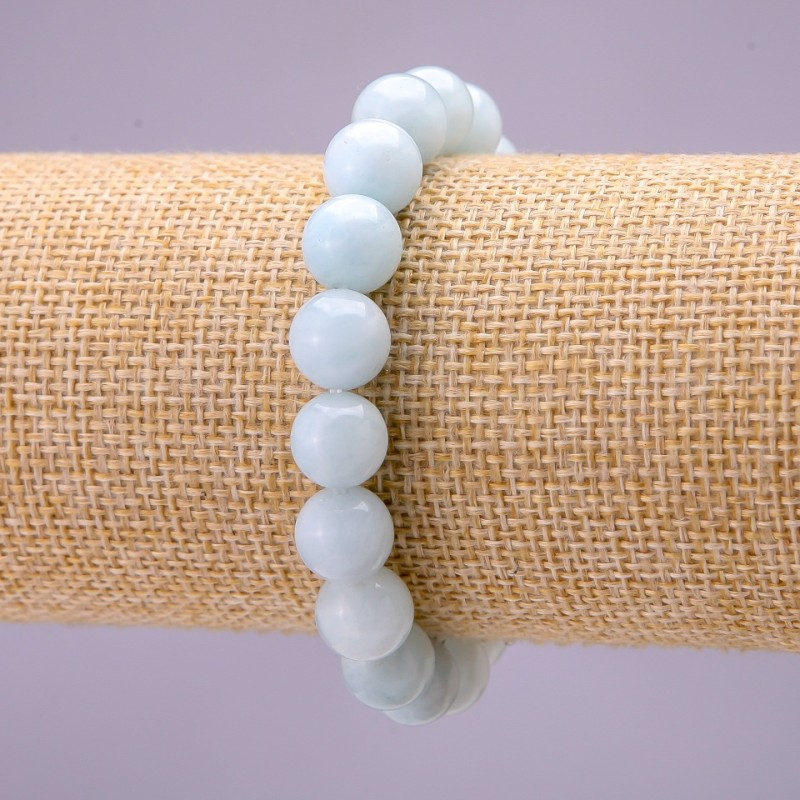 Bracelet with natural aquamarine gemstone, smooth beads, diameter 10 mm (±), on elastic, length 18 cm