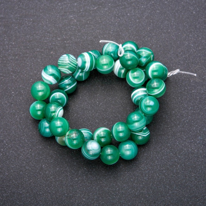Beads on thread, natural green eye agate, smooth round beads, 10mm diameter, 38cm length