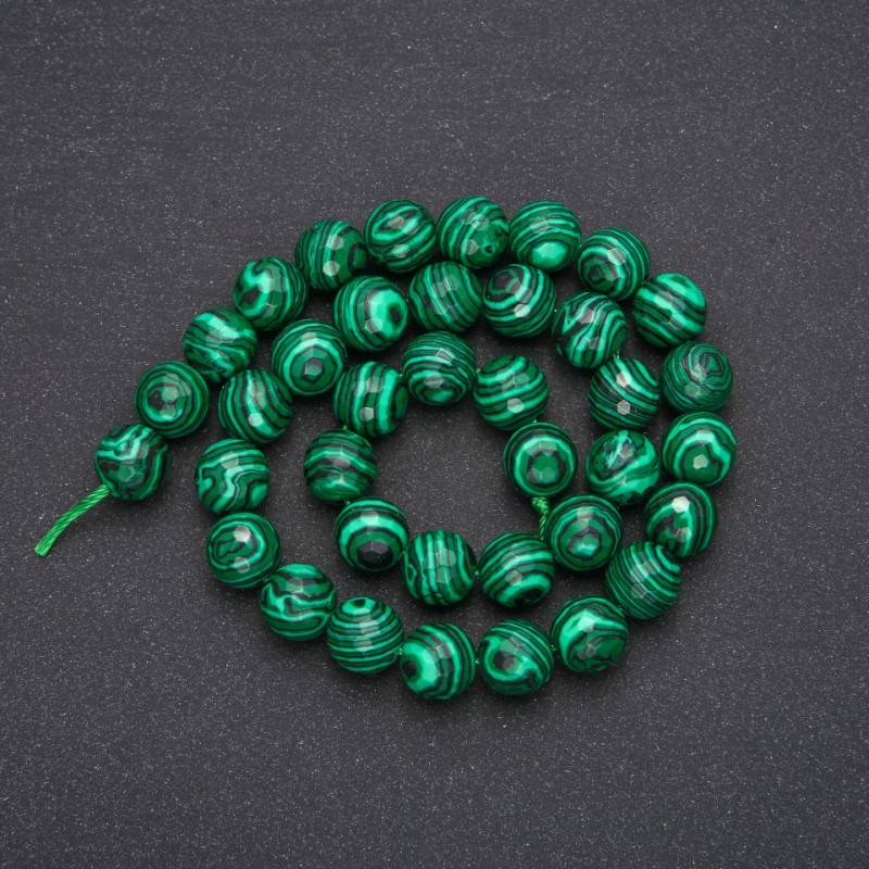 Malachite beads (pressed) faceted ball, diameter 10 mm (+/-), length 38 cm