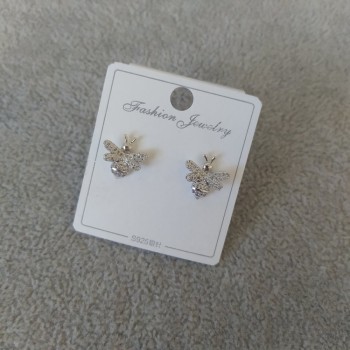 Bees Stud Earrings with White Stones 12mm, 925 Series, Silver Metal Color
