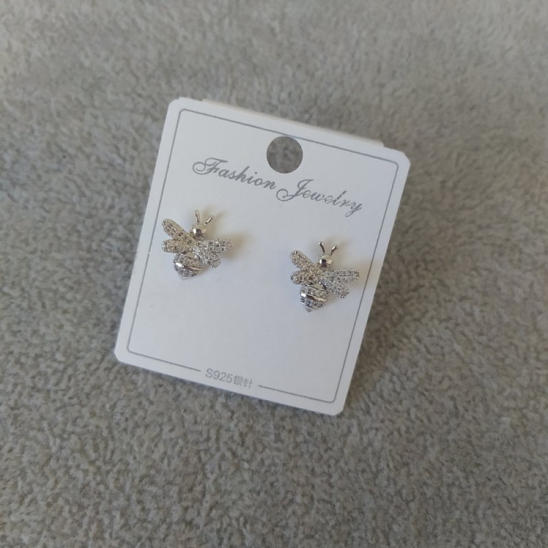 Bees Stud Earrings with White Stones 12mm, 925 Series, Silver Metal Color