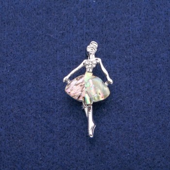 Sale! Brooch 'Ballerina' with Halioitis Pearl and Crystals, 23x44 mm, Silver Metal
