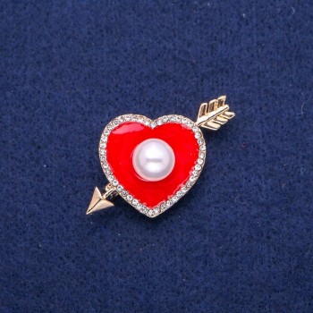 Sale! Heart Brooch with Red Enamel, White Crystals and a Bead Center, 25x42 mm, Gold-Tone Metal