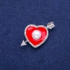 Heart-shaped Brooch with Red Enamel, White Crystals, and Seed Bead, 25×42 mm, Silver-Toned Metal