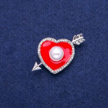 Discount! Heart Brooch with Red Enamel, White Crystals, and Bead 25x42 mm, Silver-Toned Metal