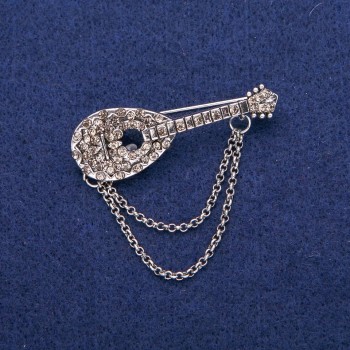 Discount! Lute brooch with gray rhinestones 17x50mm, silver-tone metal