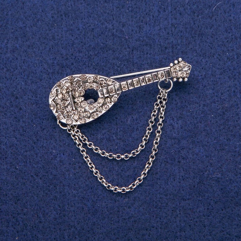 Discount! Lute brooch with gray rhinestones 17x50mm, silver-tone metal
