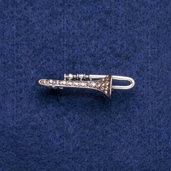 Discount! Trumpet Brooch with Gray Rhinestones 15x41 mm, Silver-tone Metal