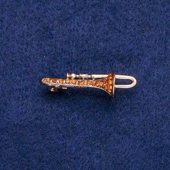 Discount! Trumpet Brooch with Yellow Rhinestones 15x41mm, Gold-tone Metal