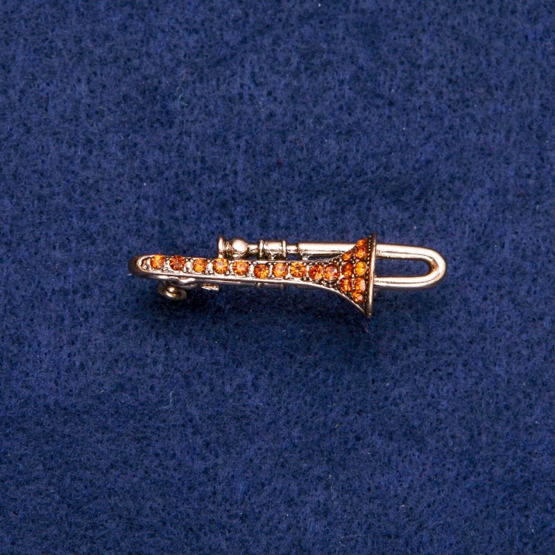 Discount! Trumpet Brooch with Yellow Rhinestones 15x41mm, Gold-tone Metal