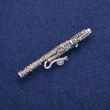 Sale! Bassoon Brooch with Gray Rhinestones 12x62mm, Silver Metal