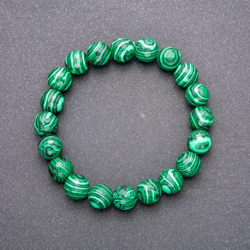 Malachite bracelet with faceted beads, 10 mm diameter, 18 cm length on elastic