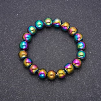 Hematite bracelet with plated finish, smooth beads, 10 mm diameter, 18 cm length on elastic