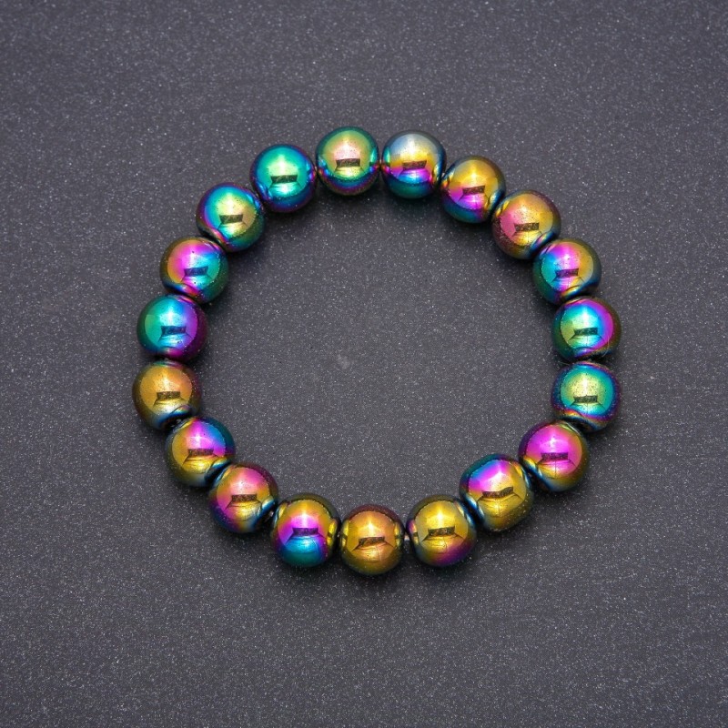 Hematite bracelet with plated finish, smooth beads, 10 mm diameter, 18 cm length on elastic