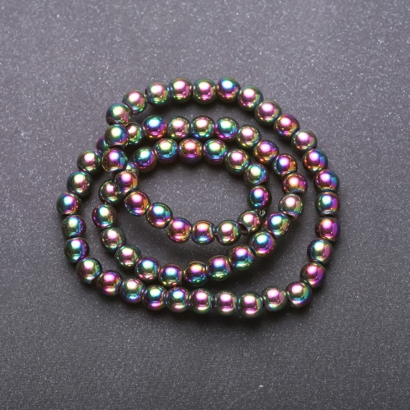 Hematite beads strand with iridescent coating "Gasoline" smooth round beads, 8 mm diameter, 38 cm length