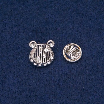 Brooch 'Lyre' with white crystals, silver-tone metal 17×15 mm +