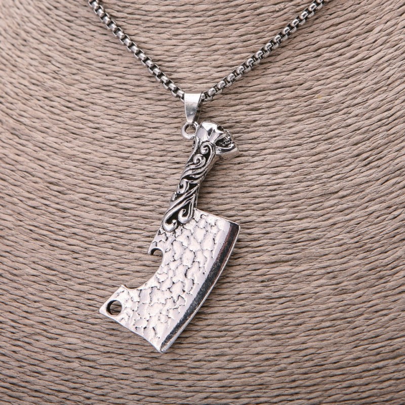 Knife Pendant 24×58 mm on chain, 65 cm length, silver-colored metal