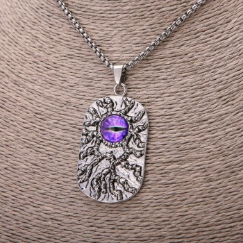 Dragon Eye Pendant, purple, 30x58 mm on chain, 65 cm length, silver-colored metal