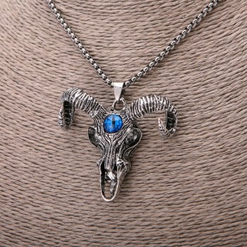 Goat Skull Pendant Amulet with Blue Eye, 44×51 mm, on Chain, 65 cm Length, Silver Metal