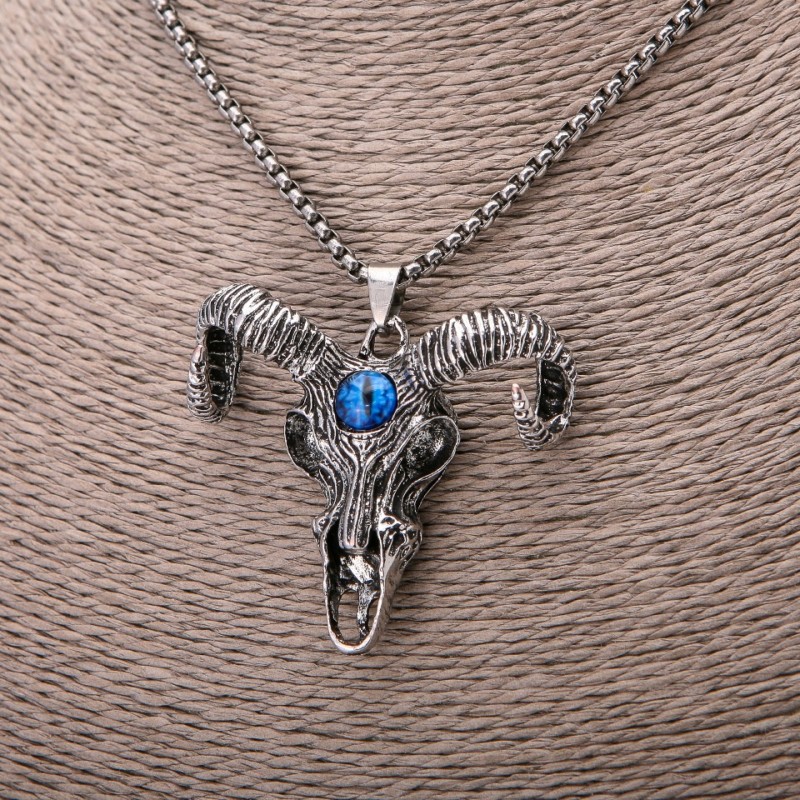 Goat Skull Pendant Amulet with Blue Eye, 44×51 mm, on Chain, 65 cm Length, Silver Metal