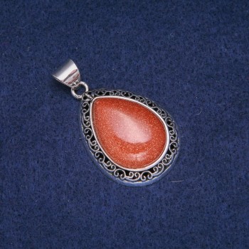 Drop Pendant with Aventurine Stone Golden Sand in Antique-Style Setting 27×39 mm