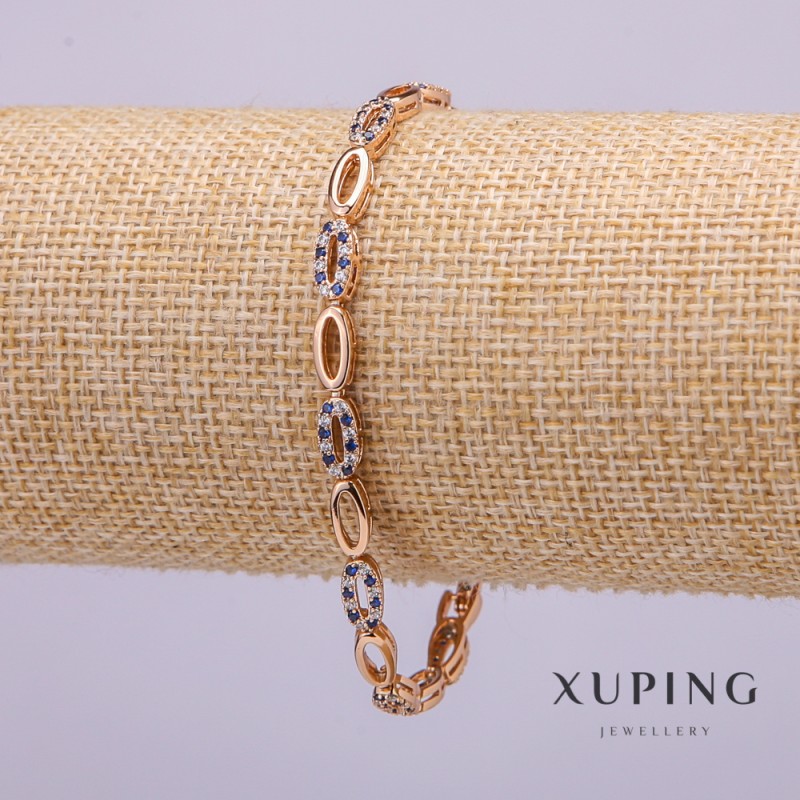 Xuping bracelet with white and blue stones, 4 mm thickness, 19 cm length, gold-plated