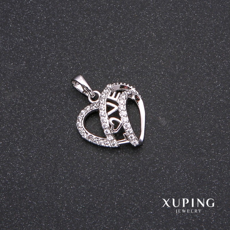 Xuping Heart Pendant with White Stones, Heart-shaped, 17x21mm, Rhodium
