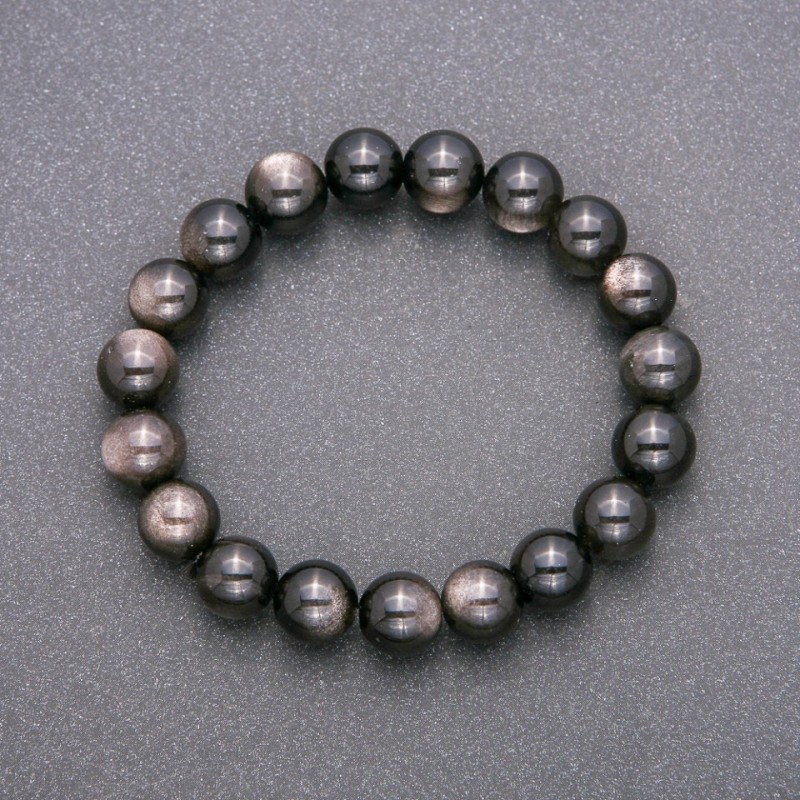 Bracelet made of natural stone Silvery Obsidian on elastic cord, smooth beads, diameter about 10 mm, length 18 cm