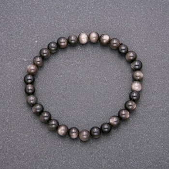 Bracelet with natural stone: Silver Obsidian on elastic, smooth beads, 6mm diameter, 18cm length
