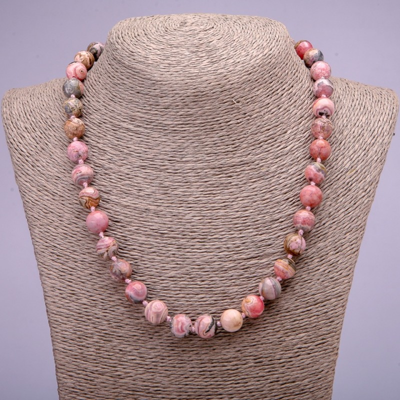 Rhodochrosite natural stone necklace with smooth beads, 10 mm diameter, 45 cm length