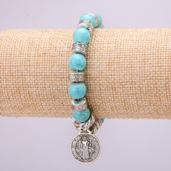 Turquoise bracelet on elastic, diameter 10(±)mm, length 18cm with inlays and an Icon pendant
