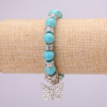 Turquoise Elastic Bracelet, Diameter 10± mm, Length 18 cm with Inlays and Butterfly Pendant
