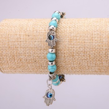 Turquoise Amulet Bracelet with Blue Eyes on Elastic, 12 mm Diameter (±), 18 cm long with Inserts and Pendant