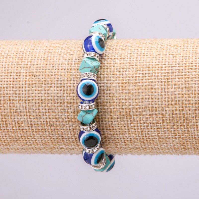 Turquoise Amulet Bracelet with Blue Eyes on Elastic Band, 10(±)mm Diameter, 18 cm Length, with Inlays and Rhinestones