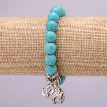 Turquoise elastic bracelet, diameter 10(±)mm, length 18 cm with inserts and Elephant pendant