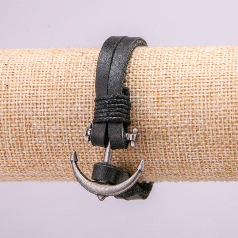 Anchor Bracelet with Metal Inlays, 21 cm long, 10 mm thick, black eco-leather