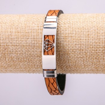Bracelet with metal inserts, 21 cm length, 10 mm thickness, eco-leather, brown color, with a clasp