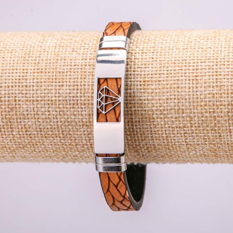 Bracelet with metal inserts, 21 cm length, 10 mm thickness, eco-leather, brown color, with a clasp