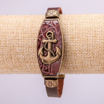 Anchor Bracelet with Metal Inlays, 21 cm Length, 20 mm Thickness, Brown Eco-Leather, with Clasp