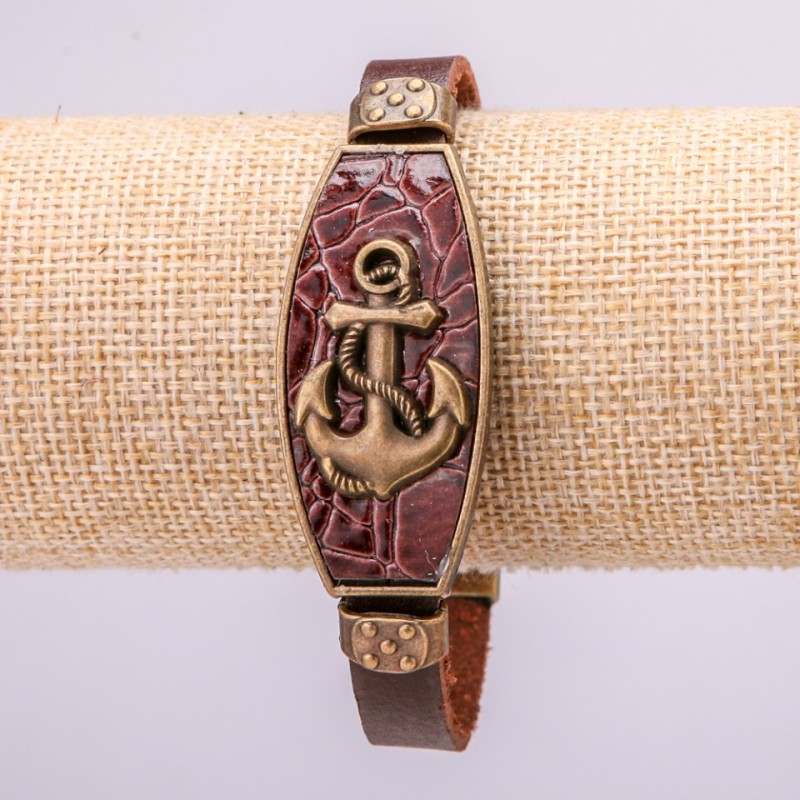 Anchor Bracelet with Metal Inlays, 21 cm Length, 20 mm Thickness, Brown Eco-Leather, with Clasp