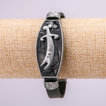 Bracelet with metal inlays, length 16–24 cm, thickness 20 mm, eco-leather, black color, on strap