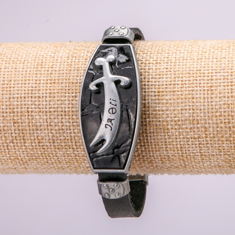 Bracelet with metal inlays, length 16–24 cm, thickness 20 mm, eco-leather, black color, on strap
