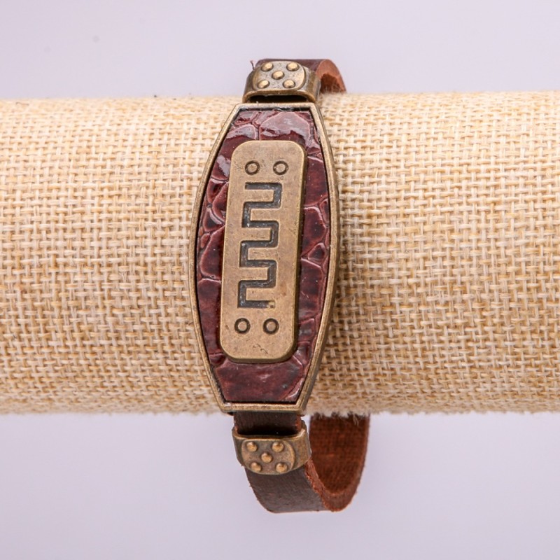 Bracelet with metal inlays, length 16–24 cm, thickness 20 mm, eco leather, brown strap