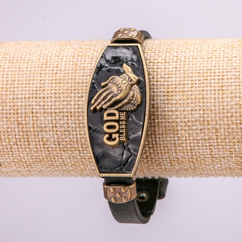 Bracelet with metal inlays, length 16-24 cm, thickness 20 mm, eco leather, black strap