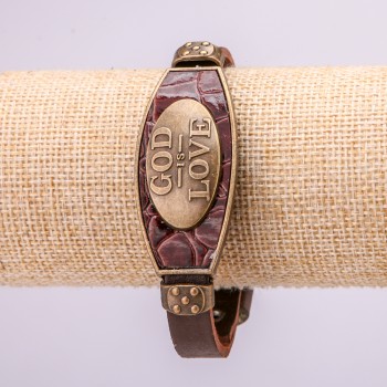 Bracelet with metal inserts, length 16–24 cm, thickness 20 mm, brown eco-leather strap
