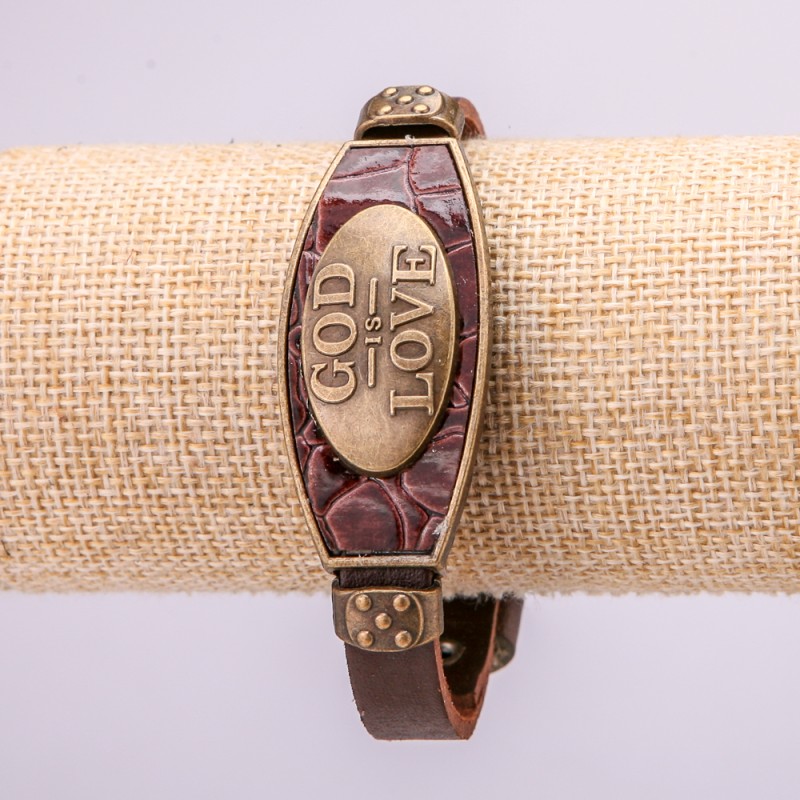 Bracelet with metal inserts, length 16–24 cm, thickness 20 mm, brown eco-leather strap
