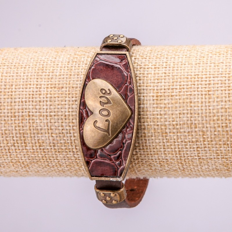 Bracelet LOVE with metal inserts, length 16-24 cm, thickness 20 mm, eco-leather, brown strap