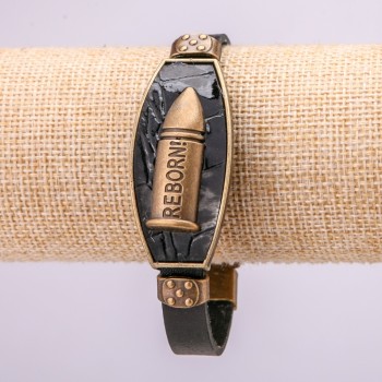 Bracelet with metal inlays, 21 cm long, 20 mm thick, eco leather, black, with a clasp