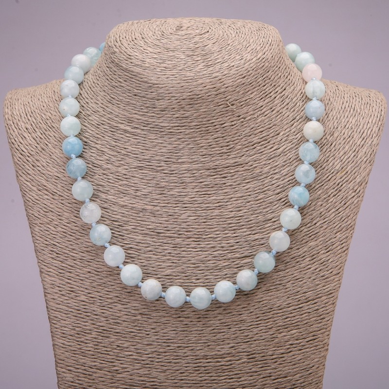 Aquamarine Natural Stone Necklace with a Smooth Bead, 10(±)mm diameter, 45 cm length